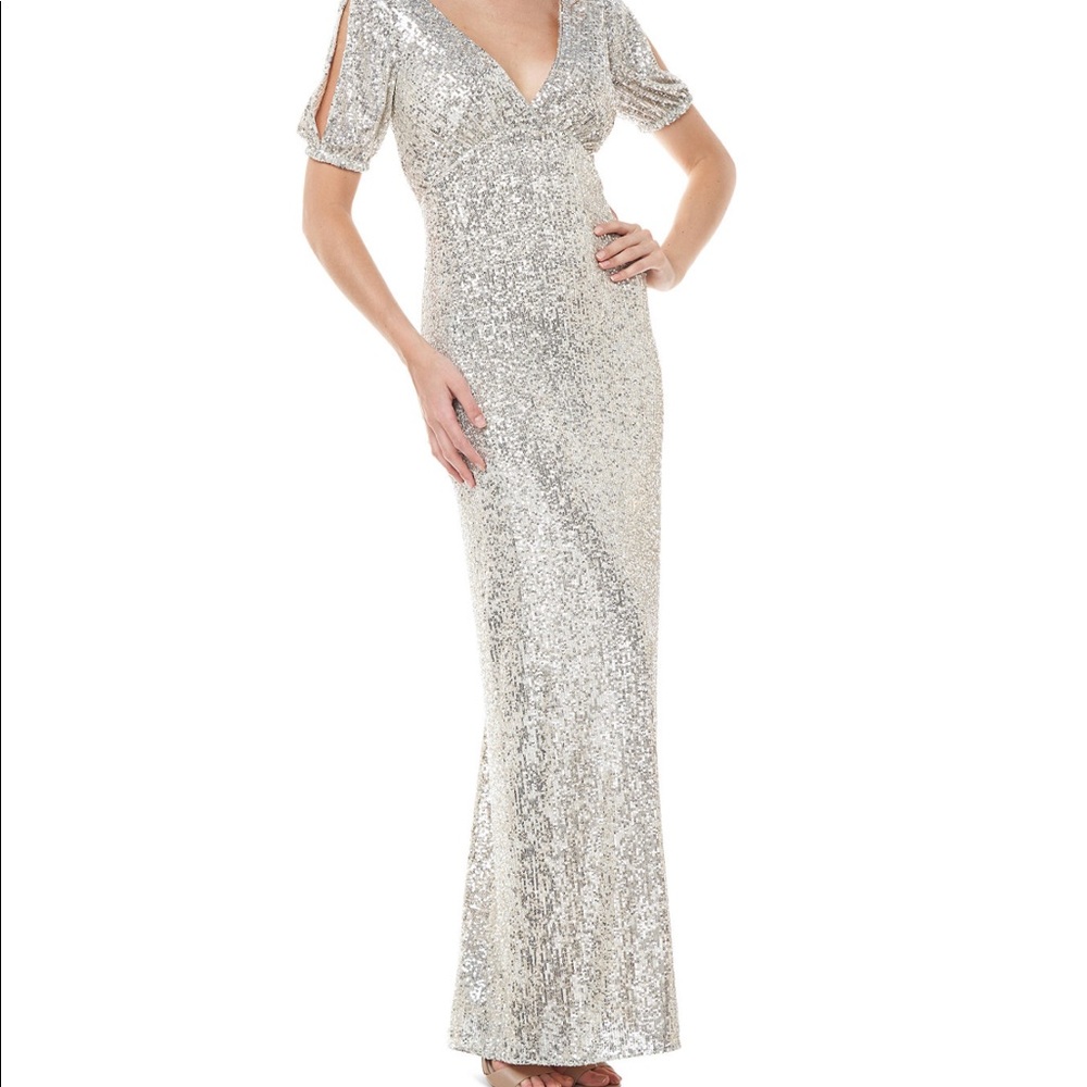 JS Collections Embellished Split-Sleeve Gown